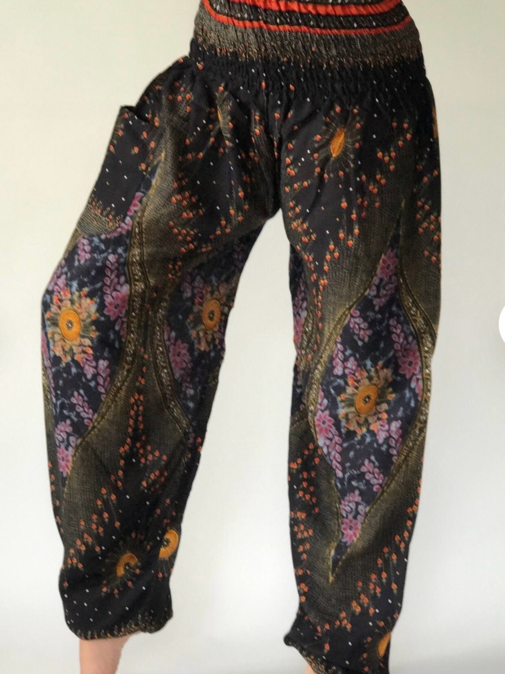 Black Floral Print Smocked Waist Boho Pants